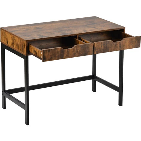 MODERNLUXE Table De Bureau D'ordinateur Industriel Avec 2 Tiroirs Table De Travail Bureau à Domicile Marron 5 MODERNLUXE Table De Bureau D'ordinateur Industriel Avec 2 Tiroirs Table De Travail Bureau à Domicile Marron – Image 3