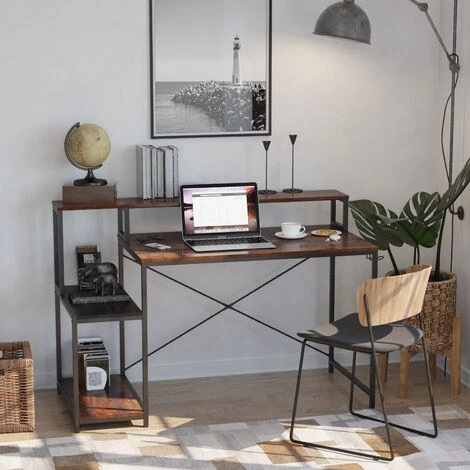 Bureau D'ordinateur Avec Etagere Domicile Cadre En Metal Noir Capacite De Poids 250 Lb 137.5 X 60 X 92.5 CM Marron Rustique,LBF 4 Bureau D'ordinateur Avec Etagere Domicile Cadre En Metal Noir Capacite De Poids 250 Lb 137.5 X 60 X 92.5 CM Marron Rustique,LBF – Image 2