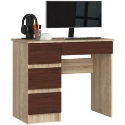AKORD Bureau Informatique Gauche A-7 Chêne Sonoma 90 Cm Bureau D' Ordinateur (4) Tiroirs Couleur Wengé Mat - 90x50x77 Cm