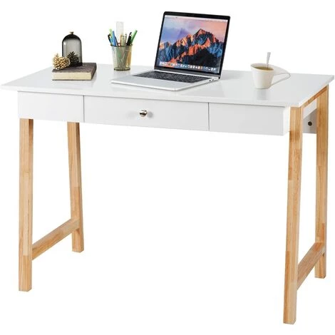 GOPLUS Bureau Secrétaire Avec Grand Plateau Et Tiroir à Poignée, Bureau De Travail Informatique Avec Pieds En Bois, Pour Salon/Chambre/Bureau, 106X50X75,5CM (Naturel) 3 GOPLUS Bureau Secrétaire Avec Grand Plateau Et Tiroir à Poignée, Bureau De Travail Informatique Avec Pieds En Bois, Pour Salon/Chambre/Bureau, 106X50X75,5CM (Naturel)