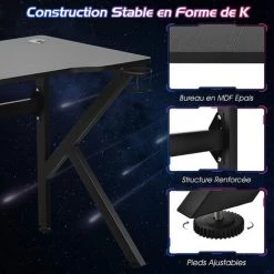 COSTWAY Bureau Gaming, Table Informatique 110 X 60 X 74 Cm (L X L X H) Avec Porte Gobelet, Support Casque En Métal Et MDF Noir -France Bureau Soldes 2022 65725243 3