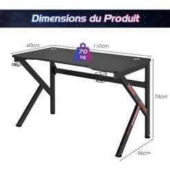 COSTWAY Bureau Gaming, Table Informatique 110 X 60 X 74 Cm (L X L X H) Avec Porte Gobelet, Support Casque En Métal Et MDF Noir -France Bureau Soldes 2022 65725243 5