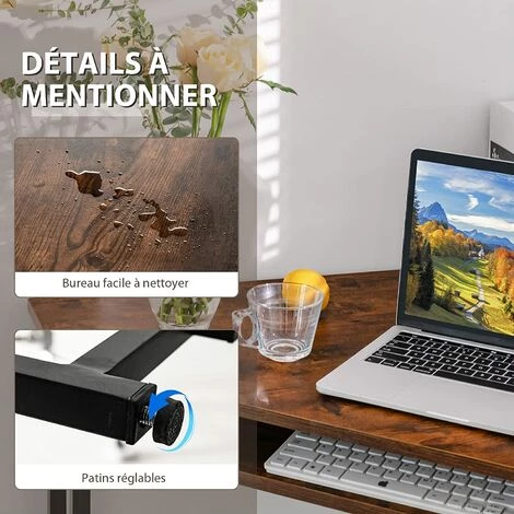 COSTWAY Bureau D'Angle - Panneau De Particules - L 72 X P 72 X H 75,5 - Plateau Clavier - Industriel Moderne Décor Marron Rustique 4 COSTWAY Bureau D'Angle - Panneau De Particules - L 72 X P 72 X H 75,5 - Plateau Clavier - Industriel Moderne Décor Marron Rustique – Image 2