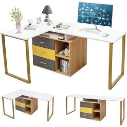 GOPLUS Bureau D'Ordinateur Réglable En Forme De L Pour 2 Personnes,Bureau D'Angle Avec Tiroir Coulissant Et Etagère, Bureau D'Angle De Coin Réglable, 3 Tiroirs Pour Le Rangement