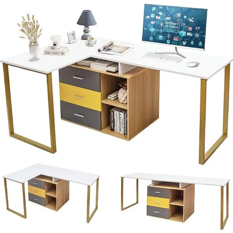 GOPLUS Bureau D'Ordinateur Réglable En Forme De L Pour 2 Personnes,Bureau D'Angle Avec Tiroir Coulissant Et Etagère, Bureau D'Angle De Coin Réglable, 3 Tiroirs Pour Le Rangement 3 GOPLUS Bureau D'Ordinateur Réglable En Forme De L Pour 2 Personnes,Bureau D'Angle Avec Tiroir Coulissant Et Etagère, Bureau D'Angle De Coin Réglable, 3 Tiroirs Pour Le Rangement