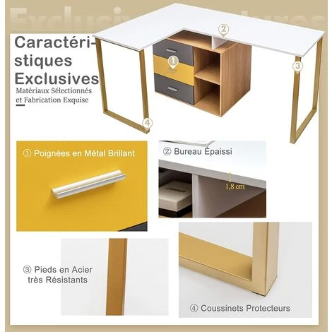 GOPLUS Bureau D'Ordinateur Réglable En Forme De L Pour 2 Personnes,Bureau D'Angle Avec Tiroir Coulissant Et Etagère, Bureau D'Angle De Coin Réglable, 3 Tiroirs Pour Le Rangement 5 GOPLUS Bureau D'Ordinateur Réglable En Forme De L Pour 2 Personnes,Bureau D'Angle Avec Tiroir Coulissant Et Etagère, Bureau D'Angle De Coin Réglable, 3 Tiroirs Pour Le Rangement – Image 3