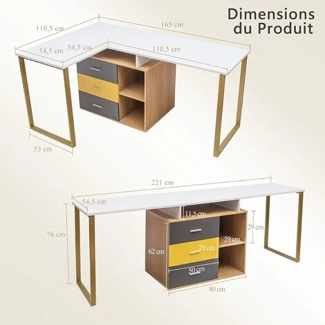 GOPLUS Bureau D'Ordinateur Réglable En Forme De L Pour 2 Personnes,Bureau D'Angle Avec Tiroir Coulissant Et Etagère, Bureau D'Angle De Coin Réglable, 3 Tiroirs Pour Le Rangement 6 GOPLUS Bureau D'Ordinateur Réglable En Forme De L Pour 2 Personnes,Bureau D'Angle Avec Tiroir Coulissant Et Etagère, Bureau D'Angle De Coin Réglable, 3 Tiroirs Pour Le Rangement – Image 4