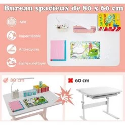 GOPLUS Bureau D’?tude Réglable En Hauteur Pour Enfants, Table à Dessin Avec Grand Surface De 80X60 CM, Table De Travail Avec Tapis Antidérapants Et Coins Arrondis, Pour Gar?ons Et Filles (Rose) -France Bureau Soldes 2022 66262717 3