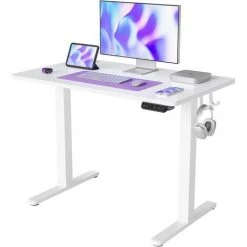 FEZIBO Bureau Assis Debout Électrique - 100*60 Cm Bureau Table Debout Réglable En Hauteur Acier T Pieds Avec Système Anti-Collision, Panneau Contrôle à Fonctions Mémoires, Boîte Câble Blanc