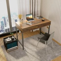 CUBICUBI Bureau Table Informatique - 100*50*75cm Bureau Stable Barre Triangle Avec 2 Tiroirs Rangements, Pied Réglable Bureau Gaming Gamer Pour Travailler, Etudier, Jouer, Chambre, Domicile Marron -France Bureau Soldes 2022 66827066 2