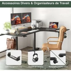 FEZIBO Bureau Assis Debout Angle Électrique - 160*120 Cm 3 Moteurs Bureau Debout Réglable En Hauteur Table Forme L, Système Anti-Collision, Panneau Contrôle à Fonctions Mémoires, Boîte Câble Noir -France Bureau Soldes 2022 66827096 4