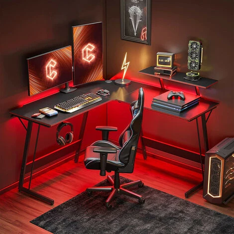 CUBICUBI Bureau D'angle Gamer Gaming Informatique - 128 * 128 Cm Table En Forme L Avec LED Ruban Et Support D'écran, Crochet Pour Casque, Pour Etudier, Jouer, Travailler, Chambre, Domicile, Salon 4 CUBICUBI Bureau D'angle Gamer Gaming Informatique - 128 * 128 Cm Table En Forme L Avec LED Ruban Et Support D'écran, Crochet Pour Casque, Pour Etudier, Jouer, Travailler, Chambre, Domicile, Salon – Image 2
