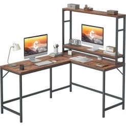 CUBICUBI Bureau D'angle En Forme L - 150*120 Cm Bureau D'Ordinateur Table PC Bureau Avec 1 Armoire Et Support D'écran, Pour Bureau à Domicile, Montage Facile, Style Industriel, Marron