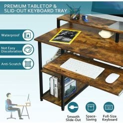 GOPLUS Bureau D'Ordinateur Avec 3 Etagères,Bureau D'Ordinateur,Table D'Etude D'Ecriture Avec Plateau De Clavier Et Support De Moniteur,Bureau Informatique,Rangement Réglable -France Bureau Soldes 2022 66858594 5