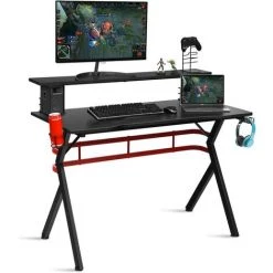 GOPLUS Bureau Gaming, Table De Travail Informatique Pour Gamer Avec Tablette Surélevée En MDF Et Métal, Structure En Y, Surface En Fibre De Carbone, Charge 60KG, 120 X 64,5 X 97CM Noir -France Bureau Soldes 2022 66861442 3