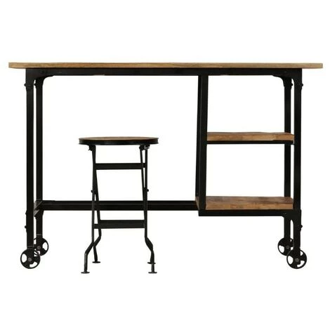 LES TENDANCES Bureau Avec Tabouret 2 étagères Manguier Massif Clair Laqué Et Métal Noir Stracco 4 LES TENDANCES Bureau Avec Tabouret 2 étagères Manguier Massif Clair Laqué Et Métal Noir Stracco – Image 2