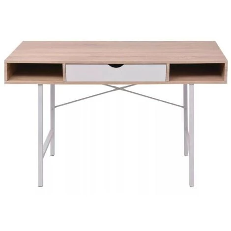LES TENDANCES Bureau 1 Tiroir 2 Niches Bois Chêne Clair Et Blanc Et Pieds Métal Mistyk 4 LES TENDANCES Bureau 1 Tiroir 2 Niches Bois Chêne Clair Et Blanc Et Pieds Métal Mistyk – Image 2