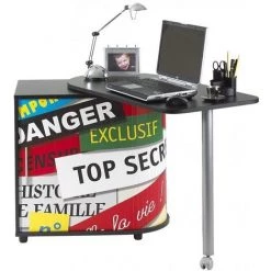 LES TENDANCES Bureau Avec Plateau Pivotant Et Rangement Noir Imprimé Top Secret Kool 105 Cm