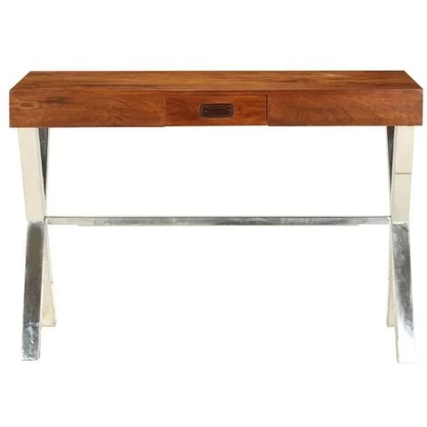 LES TENDANCES Bureau 1 Tiroir Acacia Massif Laqué Métal Argenté Valdy 4 LES TENDANCES Bureau 1 Tiroir Acacia Massif Laqué Métal Argenté Valdy – Image 2