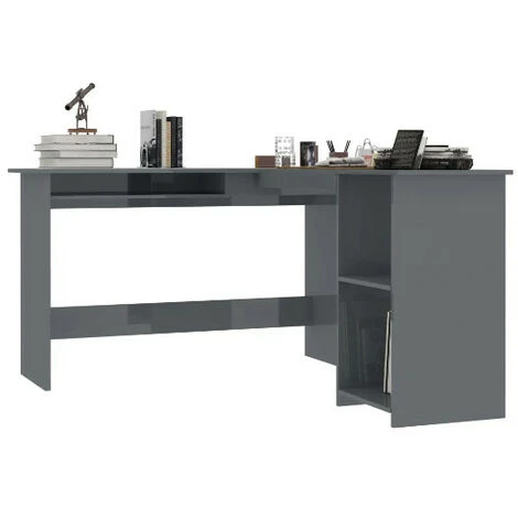 LES TENDANCES Bureau D'angle 1 Tiroir 2 étagères Bois Gris Brillant Jayden 5 LES TENDANCES Bureau D'angle 1 Tiroir 2 étagères Bois Gris Brillant Jayden – Image 3