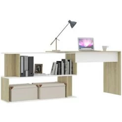 LES TENDANCES Bureau D'angle Blanc Et Chêne Sonoma 200x50x76 Cm
