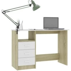 LES TENDANCES Bureau Avec Tiroirs Blanc Et Chêne Sonoma 110x50x76cm -France Bureau Soldes 2022 66904586 3