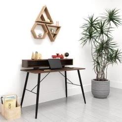 MOBILIER DECO EDDY - Bureau Industriel Avec étagères En Bois Et Métal - Bois Foncé