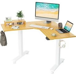 FEZIBO Bureau Assis Debout Électrique En Forme L - 110*110 Cm Bureau D'Angle Debout Réglable En Hauteur 2 Moteurs Avec Système Anti-Collision, Panneau Contrôle à Fonctions Mémoires, Boîte Câble Bamboo