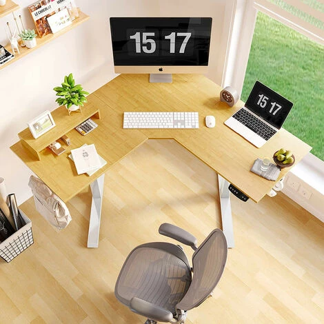 FEZIBO Bureau Assis Debout Électrique En Forme L - 110*110 Cm Bureau D'Angle Debout Réglable En Hauteur 2 Moteurs Avec Système Anti-Collision, Panneau Contrôle à Fonctions Mémoires, Boîte Câble Bamboo 5 FEZIBO Bureau Assis Debout Électrique En Forme L - 110*110 Cm Bureau D'Angle Debout Réglable En Hauteur 2 Moteurs Avec Système Anti-Collision, Panneau Contrôle à Fonctions Mémoires, Boîte Câble Bamboo – Image 3