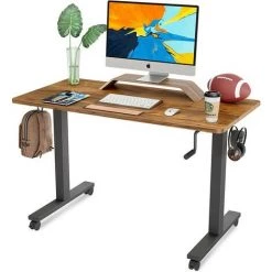 FEZIBO Bureau Assis Debout Manuel - 100*60 Cm Bureau Table Debout Réglable En Hauteur Acier Avec Contrôleur à Manivelle, Boîte De Câble, 2 Crochets, 4 Roulettes Fonction De Freinage Domicile, Marron