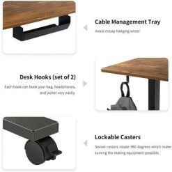 FEZIBO Bureau Assis Debout Manuel - 100*60 Cm Bureau Table Debout Réglable En Hauteur Acier Avec Contrôleur à Manivelle, Boîte De Câble, 2 Crochets, 4 Roulettes Fonction De Freinage Domicile, Marron -France Bureau Soldes 2022 66991880 4