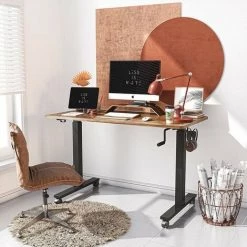 FEZIBO Bureau Assis Debout Manuel - 100*60 Cm Bureau Table Debout Réglable En Hauteur Acier Avec Contrôleur à Manivelle, Boîte De Câble, 2 Crochets, 4 Roulettes Fonction De Freinage Domicile, Marron -France Bureau Soldes 2022 66991880 5