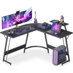 CUBIKER Bureau D'angle Gamer Gaming Informatique - 130*130cm Table Forme L Bureau Angle Avec Petit Support D'écran, Grand Espace Rangement Pour Etudier, Jouer, Travailler, Chambre, Domicile Noir