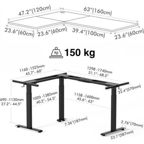 FEZIBO Bureau Assis Debout Angle Électrique - 160*120 Cm 3 Moteurs Bureau Debout Réglable En Hauteur Table Forme L, Angle Réversible, Système Anti-Collision, Panneau Contrôle à 3 Fonctions Mémoires Noir 7 FEZIBO Bureau Assis Debout Angle Électrique - 160*120 Cm 3 Moteurs Bureau Debout Réglable En Hauteur Table Forme L, Angle Réversible, Système Anti-Collision, Panneau Contrôle à 3 Fonctions Mémoires Noir – Image 5