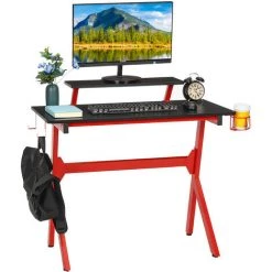 AUGIENB Bureau Gaming Table Gamer Bureau Informatique Avec 2 Crochets Porte-gobelet 95 X 50 X 88 Cm Noir
