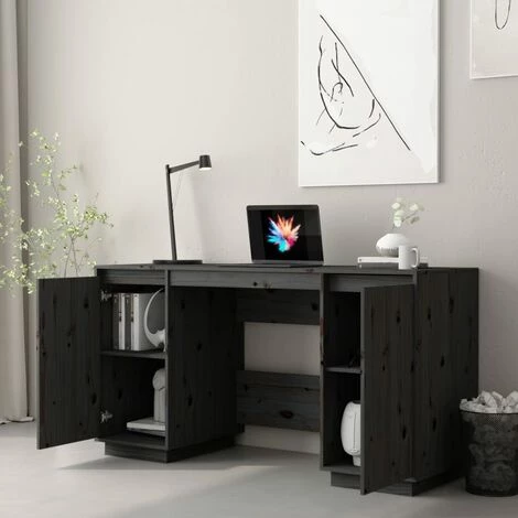 TRUE DEAL Bureau Noir 140x50x75 Cm Bois Massif De Pin 5 TRUE DEAL Bureau Noir 140x50x75 Cm Bois Massif De Pin – Image 3