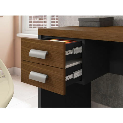 BEAUX MEUBLES PAS CHERS Bureau 136 Cm Chêne Et Noir 2 Tiroirs 5 BEAUX MEUBLES PAS CHERS Bureau 136 Cm Chêne Et Noir 2 Tiroirs – Image 3