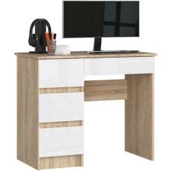 AKORD Bureau Informatique Gauche A-7 Chêne Sonoma 90 Cm Bureau D' Ordinateur (4) Tiroirs Couleur Blanc Brillant - 90x50x77 Cm