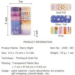 PERLE RARE Washi Tape Set 3m X 15mm Starry Night Feuille D'Or Ruban De Masquage Décor Pour Scrapbooking Artisanat Scrapbooking Emballage Cadeau Journal Planificateur 12 Rouleaux -France Bureau Soldes 2022 68568555 5