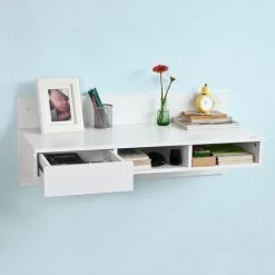 Bureau Informatique Table Murale Table De Cuisine Avec 1 Tiroir Et 2 Compartiments Ouverts -Blanc FWT30-W SoBuy® -France Bureau Soldes 2022 8039507 3