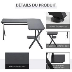 HOMCOM Bureau D'angle Informatique Design Contemporain 155L X 130l X 76H Cm MDF Acier Noir - Noir -France Bureau Soldes 2022 9167427 5